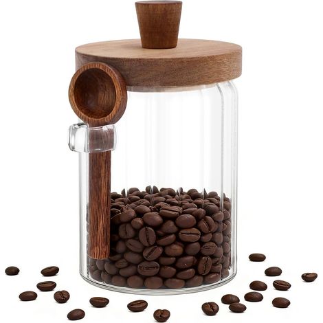 Bocal hermétique en verre et bois avec couvercle, transparent, pour conserver le café, pour une organisation optimale de la maison dans la cuisine et sur le plan de travail.-AquaForge (1/5)