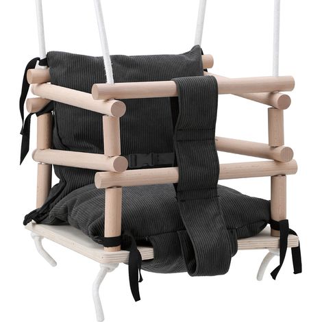 Wolketon Columpio infantil con asiento de madera, cojín gris y altura ajustable para interior o exterior
