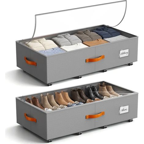 Lot de 2 caisses sous‑lit 65L Oxford 600D, roues à frein, cadre triple renforcé, fenêtre transparente, rangement vêtements chaussures (1/5)