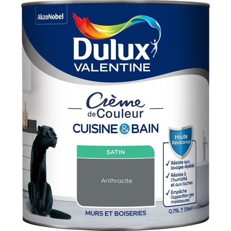 Dulux Valentine Peinture Intérieure Crème de Couleur Cuisine et Salle de bain - Satin Anthracite 0,75 L