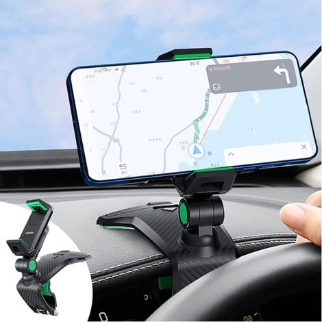 Soporte multifuncional para teléfono móvil para salpicadero de coche con clip de resorte ajustable de 360°, apto para smartphones de 3 a 7 pulgadas (negro-verde). (1/5)