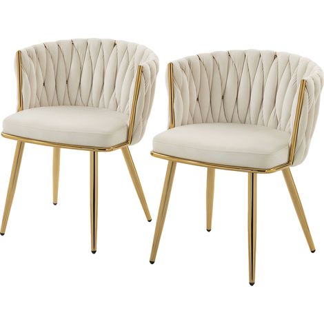 Lot de 2 fauteuils de cuisine en velours crème, dossier cannage tressé, assise rembourrée avec accoudoirs, idéal salle à manger. (1/5)