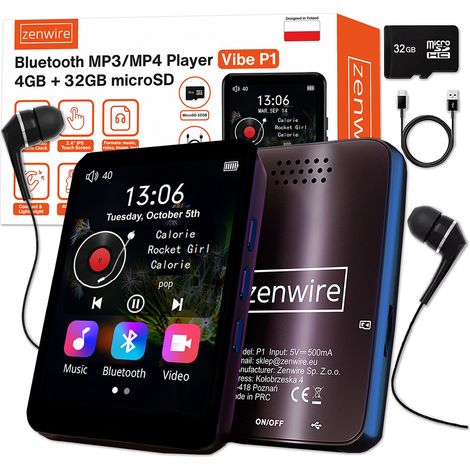 Lecteur MP3/MP4 portable Zenwire P1, Bluetooth, radio FM, enregistreur vocal, carte SD, écouteurs, 36 Go