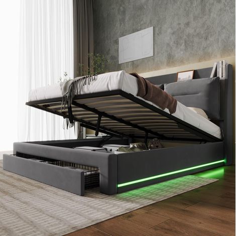 Cama tapizada de terciopelo gris oscuro 160x200 cm con LED, almacenamiento hidráulico, cajón 2 en 1 y somier (1/5)