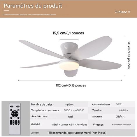Ventilateur plafond LED 42 pouces avec télécommande, plafonnier silencieux, moteur réversible, 6 vitesses, minuterie, éclairage réglable, Blanc (1/3)
