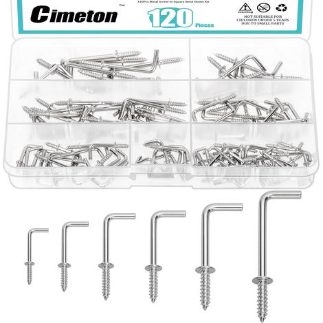 Lot de 120 crochets carrés à visser en métal argenté de 6 tailles - Crochets à vis autotaraudeuses à angle droit en métal - Crochets à vis en forme de L pour suspension (1/5)