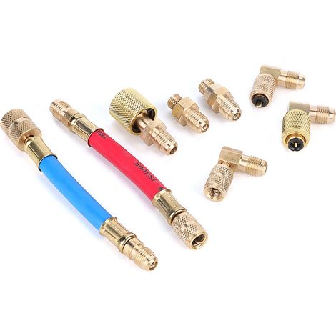 Jeu de 8 flexibles adaptateurs de raccord climatisation R12A, compatible R134A et R12, tuyaux de recharge AC avec connecteurs, kit de service frigoriste. (1/3)