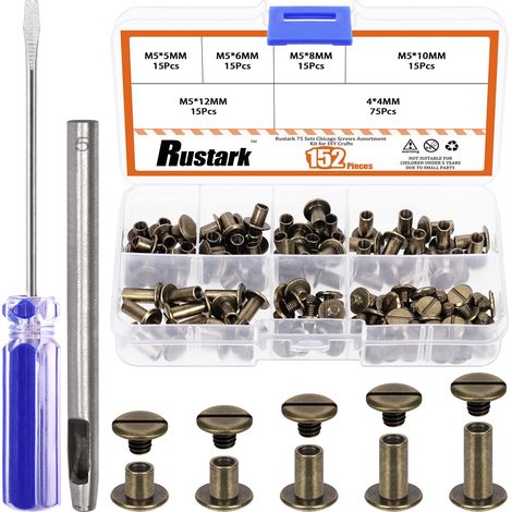 Lot de 75 vis Chicago en bronze M5 avec kit d'outils de réglage, rivets Chicago à tête plate et ronde, boulons Chicago, vis en métal Chicago pour loisirs créatifs en cuir, reliure de livres (1/5)