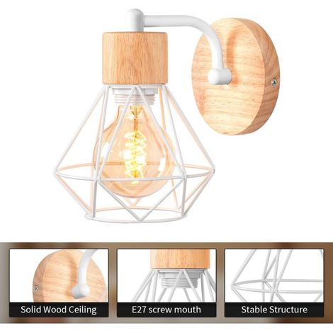 Applique Murale Cage en Métal Vintage Rétro Lampe Murale E27 Bois Industrielle Lampe de Mur Lampe de Chevet pour Chambre, Salon, Escalier, Couloir Blanc (1/5)