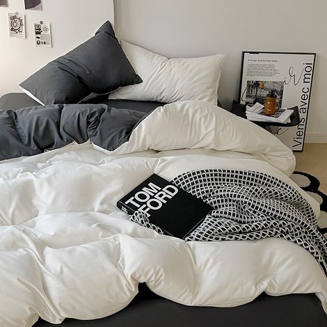 4-teiliges Bettwäsche-Set 200x230 cm – Ultra-weiche, einfarbige Bettwäsche aus gewaschener Baumwolle der Klasse A für 180x200 cm Betten, Weiß und Grau-lsw