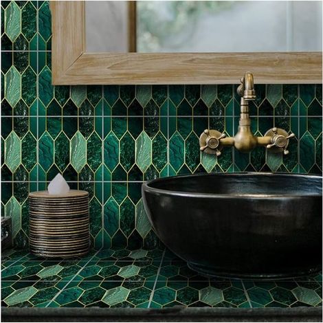 Juego de 10 adhesivos de pared impermeables para azulejos de cocina y baño, diseño holográfico esmeralda, verde, 15 x 15 cm (1/5)