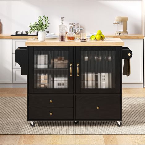 Isla de cocina con ruedas (100x42-70x91.5 cm), encimera abatible, almacenamiento múltiple, MDF negro y natural (1/5)