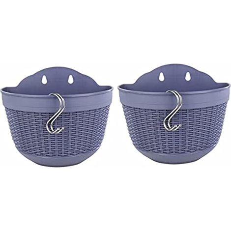 Lot de 2 pots de fleurs à suspendre au mur, semi-circulaires, en plastique, avec crochets, pour clôture, balcon,terrasse,21 cm,bleu (1/5)