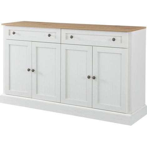 Buffet moderne 4 portes 2 tiroirs blanc antique et bois naturel 150x40x86 cm (1/5)