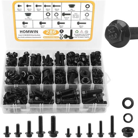 Assortimento di 286 bulloni flangiati metrici, M6-1.0, M8-1.25, M10-1.5 (da 12 mm a 30 mm), assortimento di bulloni e dadi metrici, zincati neri. (1/5)
