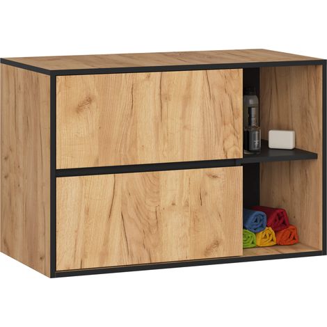 Meuble salle de bains VAMI suspendu sans vasque Chêne Craft et Noir 90 cm 2 tiroirs 2 étagères 90x45,5x60 cm (1/5)