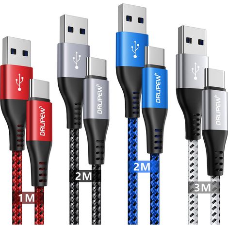 Cable USB C Charge Rapide [1M+2M+2M+3M, Lot de 4], Cable Chargeur USB Type C Tressé pour iphone 15, Samsung Galaxy S24 S23 S22 S21 S20 S10 S9, A32 A42 A51 A71 A80 A90, Note 20 10, Google Pixel 6 7 (1/5)