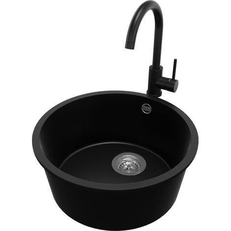 PRIMAGRAN Evier cuisine Granit Rond 46x46cm, Evier 1 bac + Robinet 32x20cm + Kit de Vidage, Lavabo Cuisine au meuble 50cm - La Valette Slim, Noir (1/5)