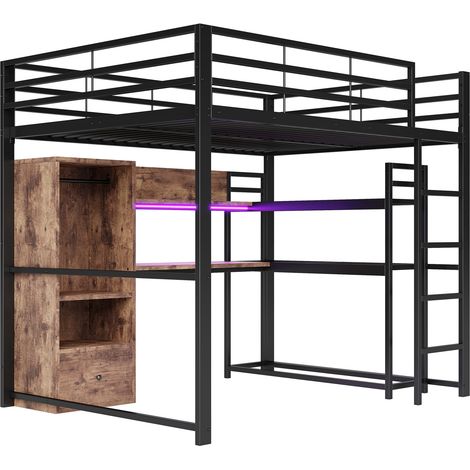 Cama alta 140x200 cm de metal y MDF negro con LED, escritorio, cajón, estantes y escalera (1/5)