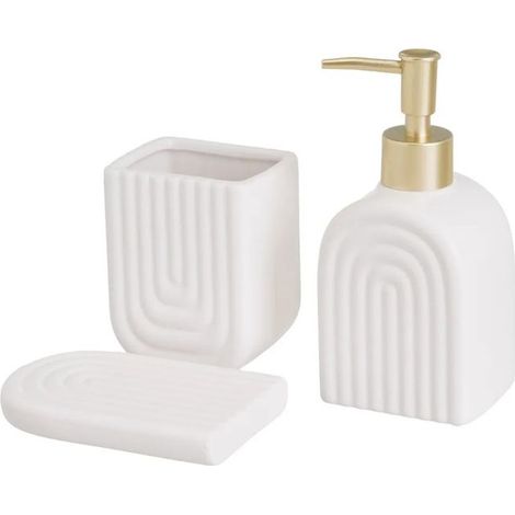 Set d'accessoires de salle de bain - JUANIO - Set 3 pièces - Céramique blanche - Motifs arqués - Pompe dorée mate (1/3)