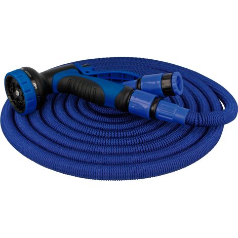 Tuyau extensible 15 mètres avec accessoires et pistolet d'arrosage à 9 fonctions supporte jusqu'à 6 bars de pression bleu couleur double latex (1/5)