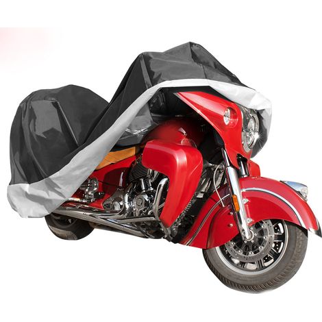 Housse de moto grande taille, robuste, anti-poussière et imperméable, avec bande élastique pour une utilisation en extérieur. Version améliorée, noir et argent, taille 4XL standard. (1/5)