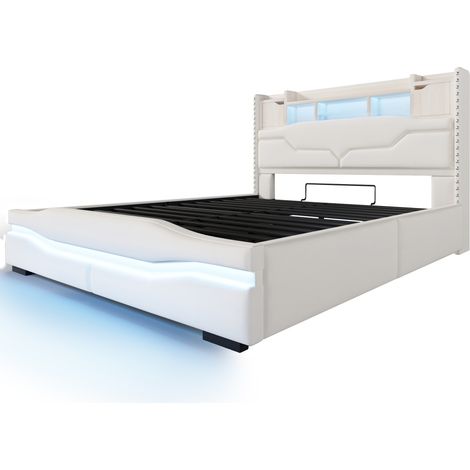 Lit coffre rembourré 160x200 cm beige en lin et MDF avec LED, USB et prise (1/5)