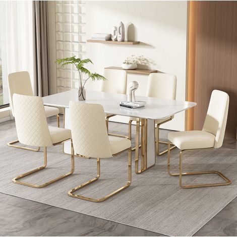 Chaise de salle à manger en velours, lot de 6, dossier capitonné, beige HAVRYA (1/5)