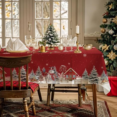 Weihnachtstischdecke Schneemann Wintermotiv 142x259 cm waschbar rechteckig