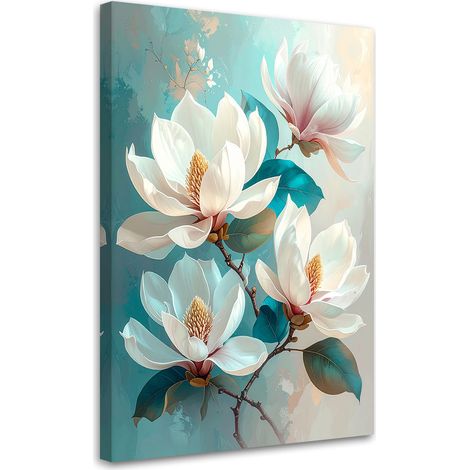 Cuadro sobre Lienzo Magnolias blancas con hojas turquesas en una composición luminosa 20x30 (1/5)