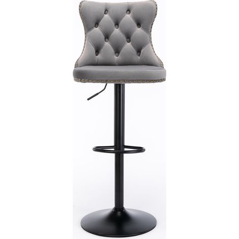 Tabourets de bar pivotants en velours gris, hauteur d'assise réglable de 63,5 à 84 cm, base de 45 cm, confortables et capitonnés, avec dossier, pour la maison, un pub ou un îlot de cuisine. Lot de 2, (1/4)