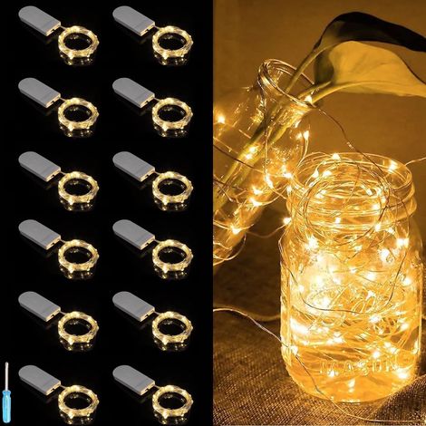 12 Pack LED String Lights Battery Operated Indoor Outdoor 2M 20 LED Micro Silver Copper Wire String Lights for Bottle Wedding Garden Christmas Halloween Party (White) (1/5)
