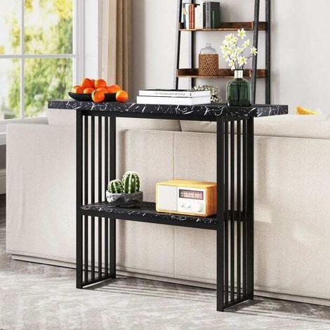 Table console noire étroite de 120 cm en métal avec plateau effet marbre et 2 niveaux de rangement pour entrée salon et couloir (1/5)
