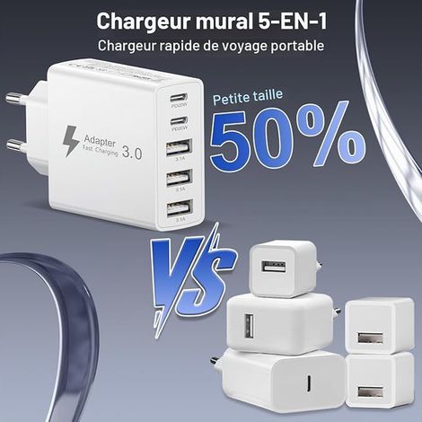 Chargeur 5-Port USB Socket 17/16/15/14, S26+/S25/S24, iPad, AirPods, Blanc (1/3)