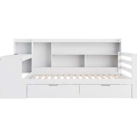 Holz-Multifunktionsbett 90 x 200 cm mit Schreibtisch, Regalen, Schubladen und Steckdose, Weiß (1/5)