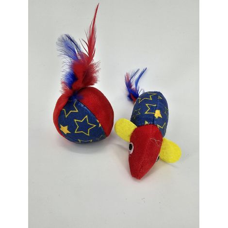 Jouet Chat, 2 p, Balle 5 cm, Souris 10 cm, Tissu, Plume, Rouge, Bleu