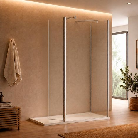 Paroi de douche fixe 80 cm + retour 90 cm + volet pivotant 40 cm - Verre épais 8 mm transparent - PMR (1/5)