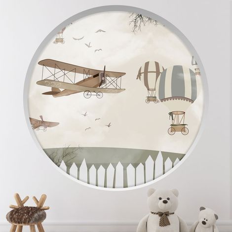 Stickers Trompe l'oeil Arche ronde Enfants - Avions montgolfières - Diamètre 60 cm (1/4)