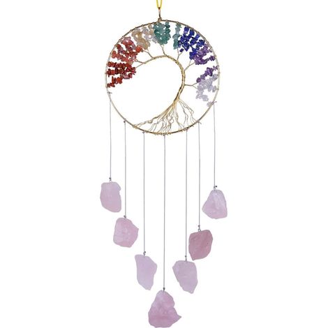 Arbre de Vie Carillons Éoliens Suspendus Ornement de Fenêtre, Pierre Reiki Maison décoration Murale, Quartz Rose (1/5)