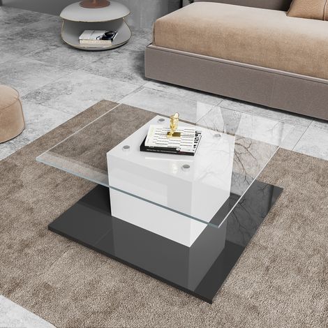 ELVMI Table basse fixe avec plateau en verre trempé, LED réglable et roulettes pivotantes pour salon, 80×80×40 cm (1/5)