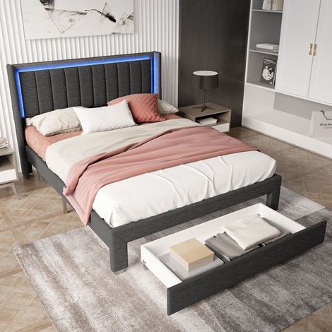 Cama de adulto TANANT 140x200 cm - Cajones - LED integrada - Cabecera con USB - Gris