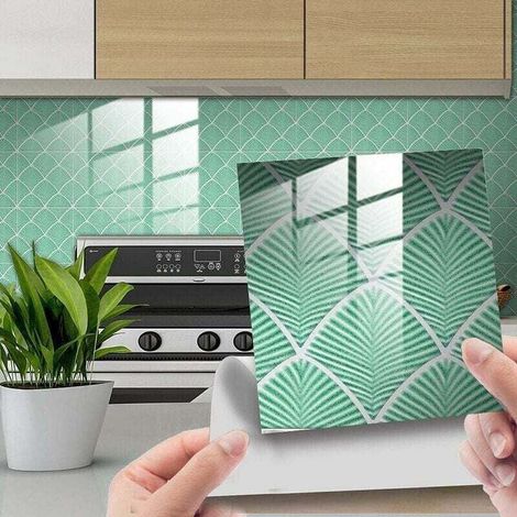 ZVD Credence Adhésif pour Cuisine Brique Palme Vert Clair 10 Pcs Stickers Muraux Salle de Bains Cuisine Carrelage Adhesif Mural avec Motifs de Carrelage Dalle Pvc Adhésif Murale S: 10 x 10 cm (1/4)