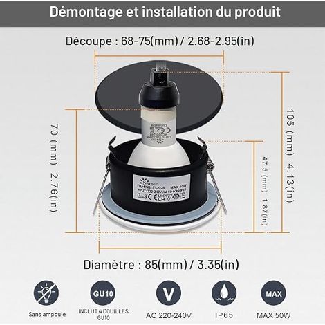 spot LED encastrables GU10 spot de plafond de salle de bain étanches cuisine couloir douille GU10 incluse (1/4)