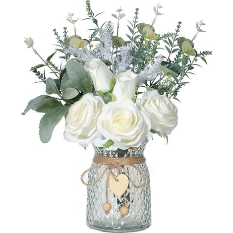 Fleurs artificielles avec vase - Roses blanches artificielles dans un vase - Arrangement floral pour centres de table, fête prénatale, maison, cuisine, bureau, café (1/5)
