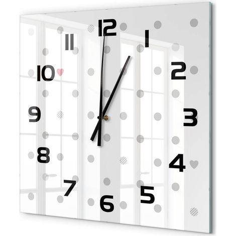 Grande Horloge Murale Carrée Originale Verre Trempé Décoration Maison Moderne Pois et cœurs 60x60 cm (1/5)