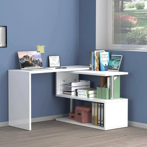 Bureau d'angle, Table de bureau polyvalente, Bureau multi-positions gain de place, 120x50h75 cm, Blanc brillant (1/5)