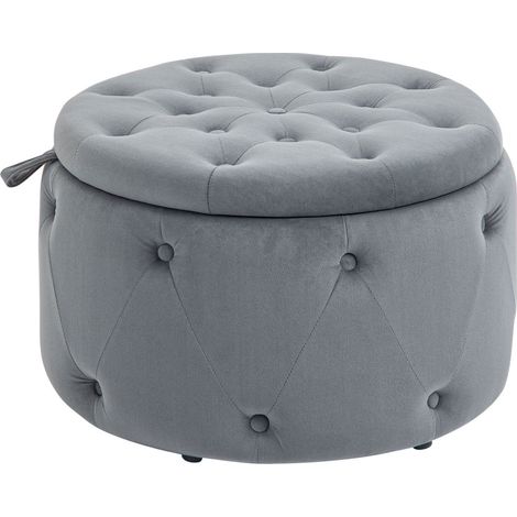 Rangement discret à la maison, pouf coffre rond avec couvercle et assise confortable, aspect velours gris (1/5)