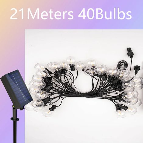Guirlande lumineuse LED (21 mètres, 40 ampoules) - Ampoules G40 - Décoration extérieure étanche pour jardin, terrasse ou mariage - Alimentation solaire (1/5)