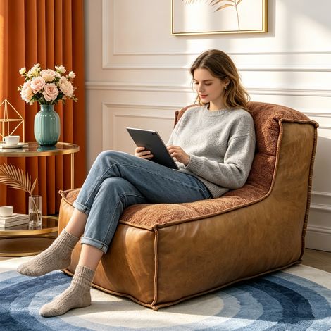 Fauteuil poire en cuir synthétique rétro Tech, canapé de salon Amless à plancher bas, siège pour une personne, idéal pour le salon et la chambre à coucher (1/5)