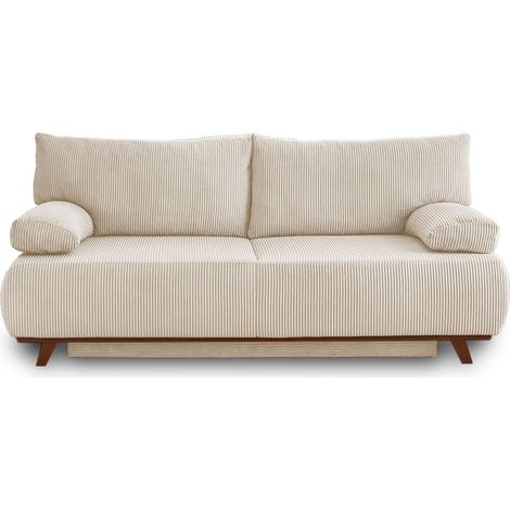 Bestmobilier – Canapé convertible 3 places avec coffre – Velours côtelé beige – Couchage occasionnel 140x187 cm – Structure bois – Confort optimal